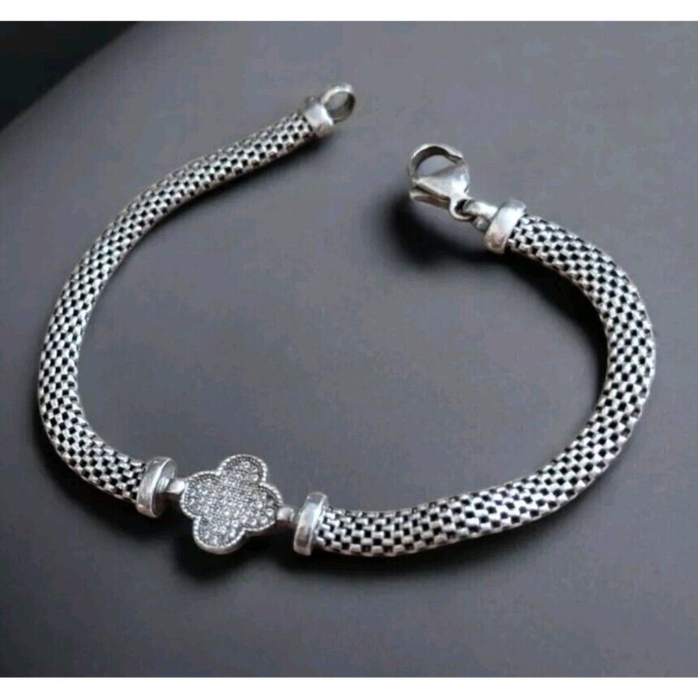 Platinum Sterling Silver White Sapphire Mesh Tennis Bracelet 7" Clover